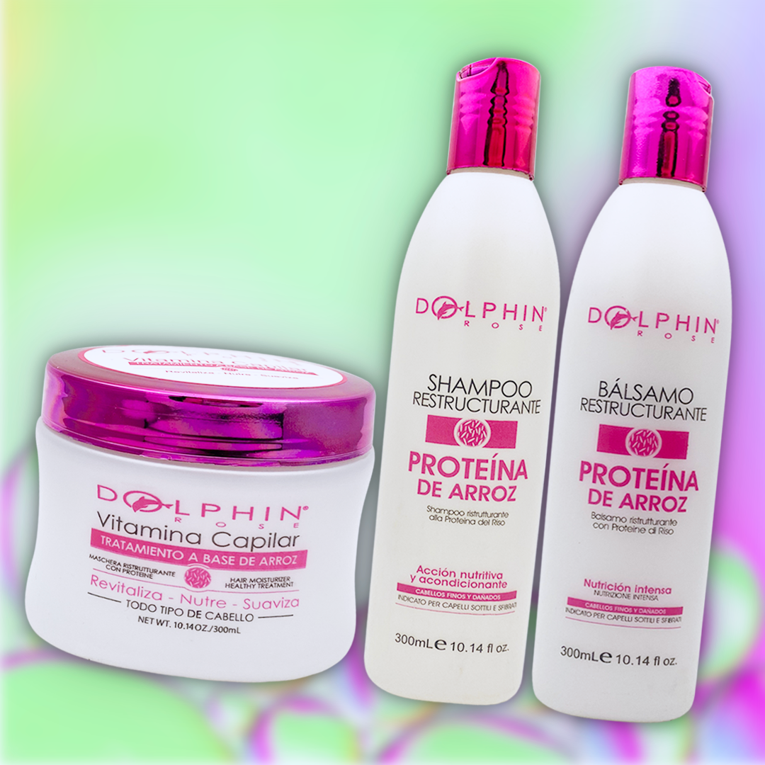 KIT DE LÍNEA RESTRUCTURANTE DE PROTEÍNA DE ARROZ DOLPHIN ROSE X 300 ML